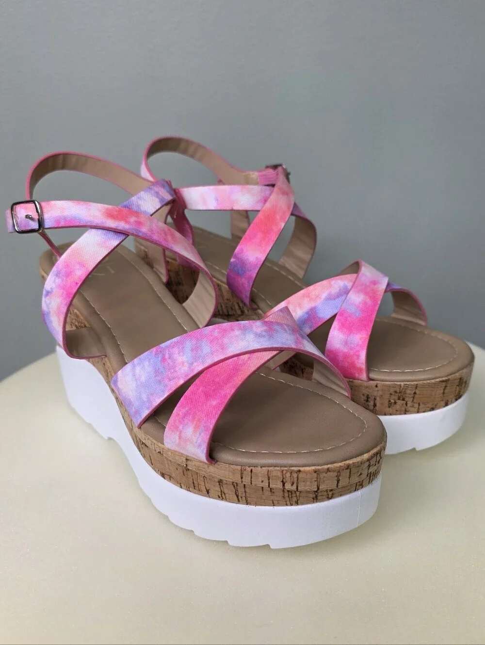 YOKI Jackie Pink Purple Tie Dye Strappy Platform Cork Wedge Sandals NEW Size 7.5